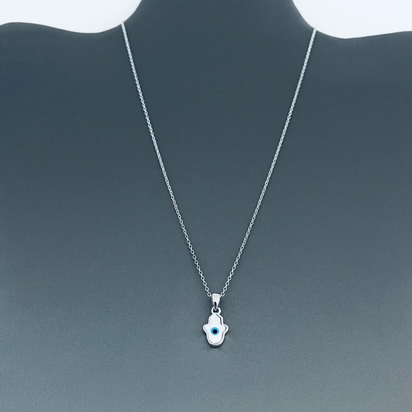 Sterling Silver Mother of Pearl Blue Evil Eye Hamsa Necklace, Silver Necklace - Picture 9 of 11
